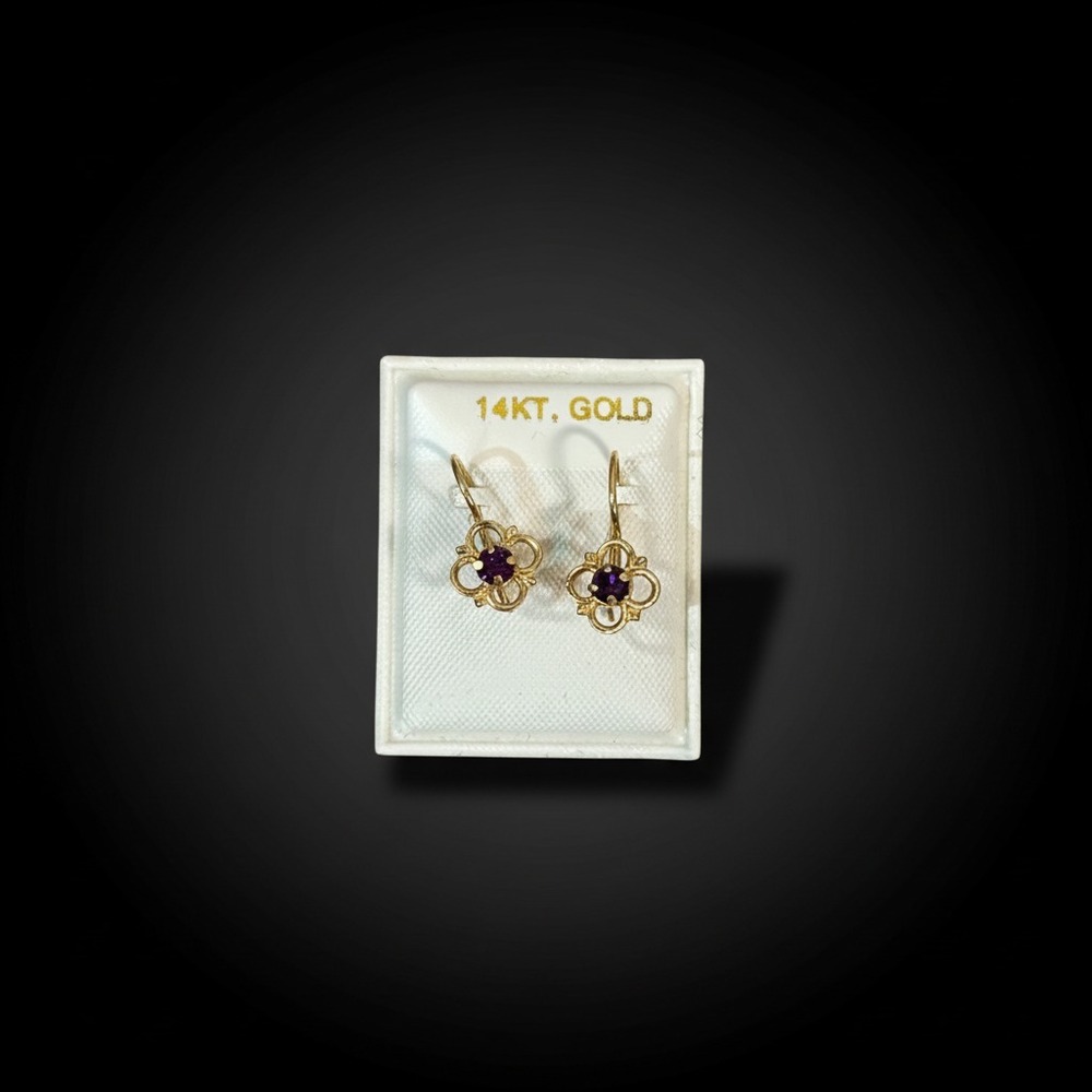 14K Yellow Gold Red Stone Flower Dangle Drop Earrings Petite with Gift Box